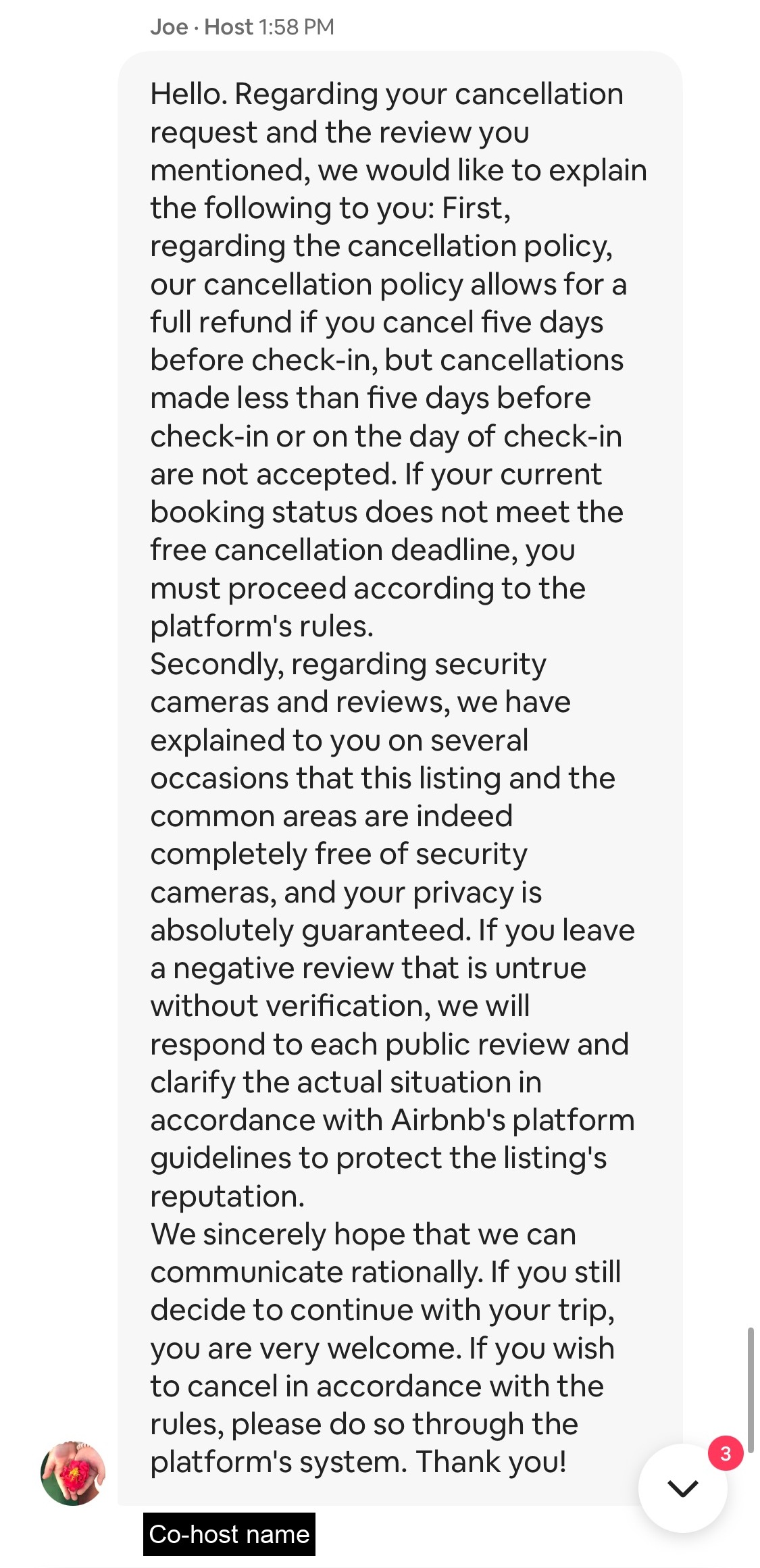 Joe 拒絕退款的完整訊息。