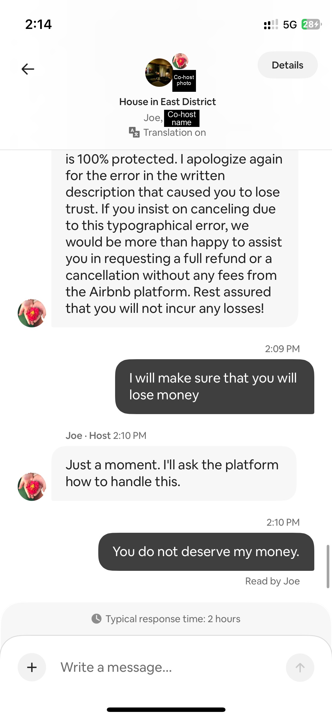 Joe 提出協助退款與我的訊息,截圖25。